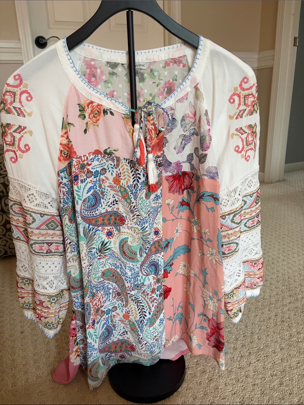John Mark Pink Multicolor Boho Patchwork Blouse
